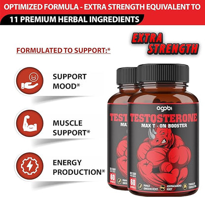 2 Packs 60 Capsules - Testosterone Booster for Men, Muscle Build, Energy & Endurance Support - 11 Herbs Combined with Ginseng, Ashwagandha, Tribulus & More