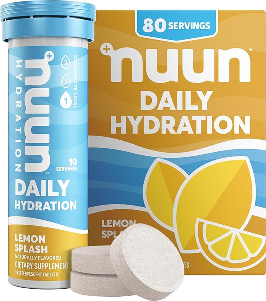 Nuun Hydration Daily, Wellness Electrolyte Tablets, Lemon Splash, No Sugar, 5 Essential Electrolytes for Hydration, Vegan, Gluten Free, 8 Pack (80 Servings)