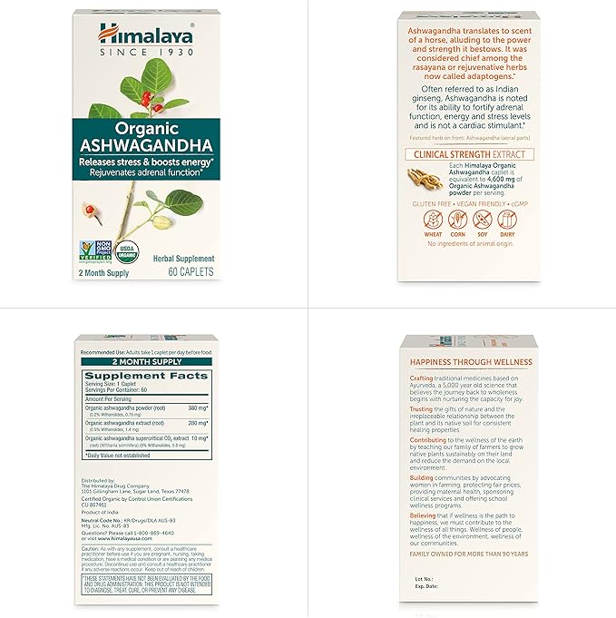 Himalaya Organic Ashwagandha, 120 Day Supply, 670 mg, 60 Caplets, 2 Pack