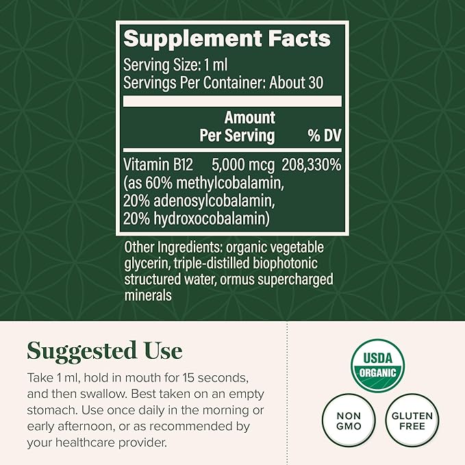 Global Healing Organic Vitamin B12 5000 mcg Sublingual Liquid - Methylcobalamin, Adenosylcobalamin, Hydroxo Blend - Methylated Drops for Adults - Vegan, Non-GMO, VIT B12, Vitamins Supplement (2 Oz)