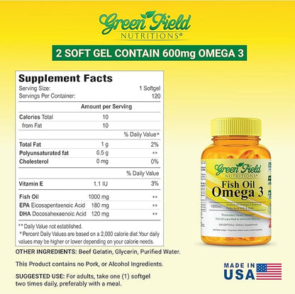 Greenfield Nutritions Halal Fish Oil 1000mg, 300mg Halal 3, Small 180mg & 120mg, Non-GMO, 120 Pills