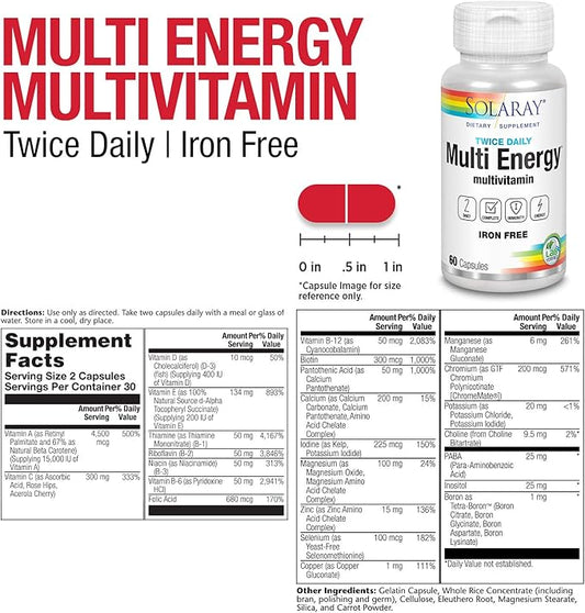 Solaray Multi Energy No Iron, Two Daily, Capsule (Btl-Plastic) 60ct (30 Serv, 60 CT)