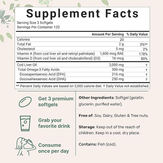 Cod Liver Oil 2,000mg Per Serving, 360 Softgels | Lemon Flavored – Burpless – Wild Caught – Arctic Deep Sea Fish | High in Omega 3, EPA, DHA, Vitamins A, & D3 | Heart, Brain, & Immune Supplement