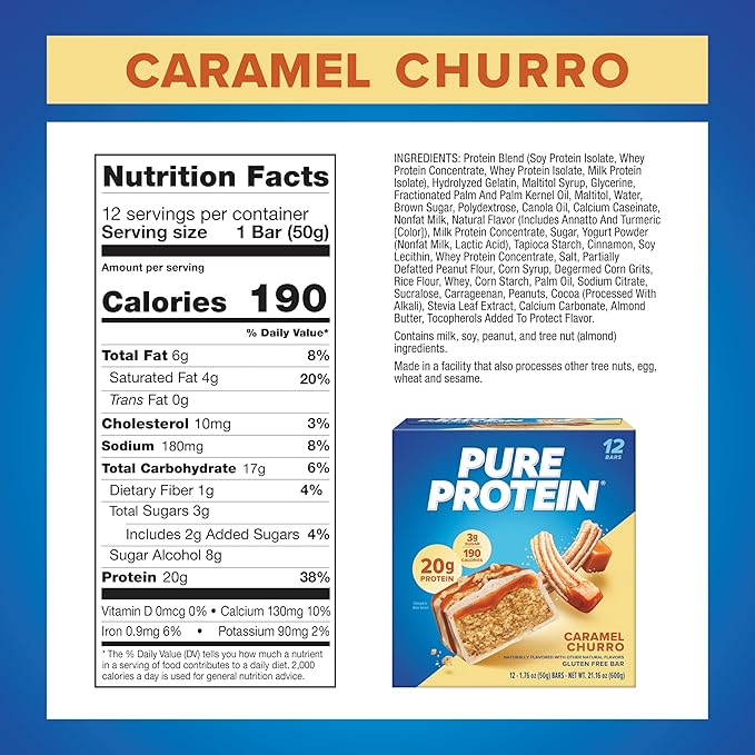Pure Protein Bars, Caramel Churro, High 1.76oz, Pack 12
