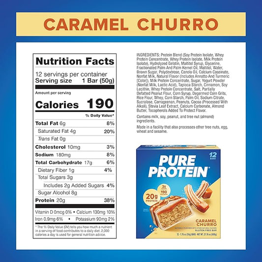 Pure Protein Bars, Caramel Churro, High 1.76oz, Pack 12