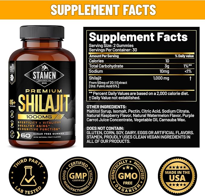 30,000 MG Shilajit, Sugar-Free Non-Gmo Supplement Gummies, Natural Organic Fruit Flavor, Fulvic Acid 60 Count