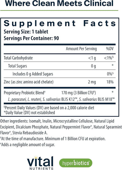 Hyperbiotics Vital Nutrients Pro Dental Probiotic | Clinically Studied BLIS K12 and M18 | Oral Probiotics for Bad Breath Treatment for Adults | Oral Health for Teeth and Gums | 90 Mint Tablets