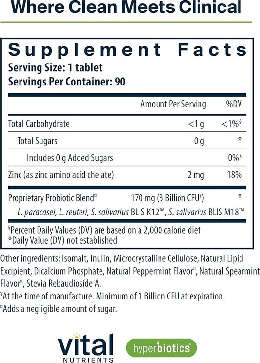 Hyperbiotics Vital Nutrients Pro Dental Probiotic | Clinically Studied BLIS K12 and M18 | Oral Probiotics for Bad Breath Treatment for Adults | Oral Health for Teeth and Gums | 90 Mint Tablets