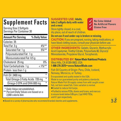 Nature Made Burp Less Fish Oil 1200 mg, 3 Fish 3 Supplement 60 Softgels, 30 Day