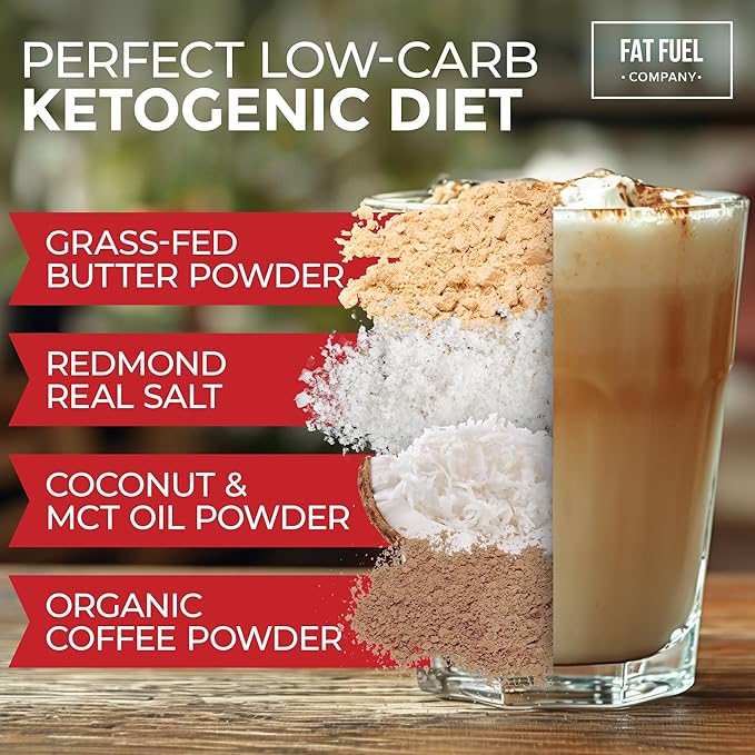 FAT FUEL Keto Coffee 22g Premium Fats - With Grass Fed Butter, MCT Oil, Coconut & Redmond Real Salt - Instant Organic Coffee, One Net Carb, A True Meal Replacement - 30 Bulk Powder Servings