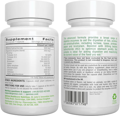 Advanced Digestive Enzymes & Betaine HCl, with Protease, Broad Spectrum, Lipase & Lactase, Plant-Based Vegan Papain & Bromelain, Clean Label, 90 Capsules, by Igennus