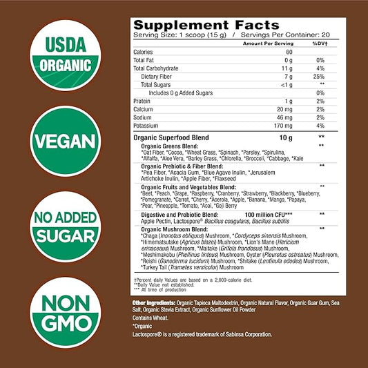 COUNTRY FARMS Super Greens Chocolate Flavor, 50 Organic 20 Servings, 10.6 Oz