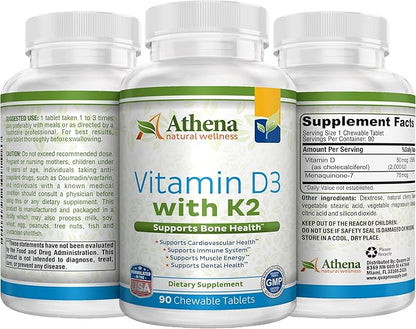 Athena - Vitamin D3 2000IU with K2 (MK7) - 90 Chewable Tablets - Supports Immune System - Muscle Energy - Strong Bones - Healthy Dental