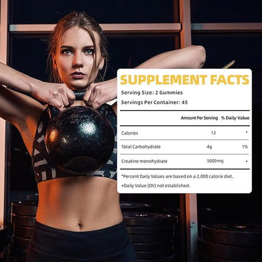 Creatine Monohydrate Gummies 5g for Men Women - Sugar Free Chewable Supplement. 180 Gummies Lemon