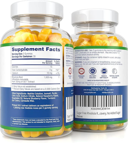 Sugar-Free Rhodiola Rosea Gummies (1500mg/Serving) Adaptogenic Rhodiola Rosea Supplement & Cortisol Blocker for Performance, Stamina, Mood & Motivation - Non-GMO, 60 Vegan Chews, No Capsules or Pills