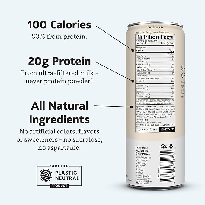 Slate Milk - High Protein Milk Shake - French Vanilla - Lactose Free, 20g Protein, 1g Sugar, 100 Calories, 1g Net Carbs, No Added Sugar - Natural, Breakfast Boost, Post Workout - 11 fl oz, 24 Cans