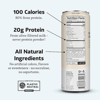 Slate Milk - High Protein Milk Shake - French Vanilla - Lactose Free, 20g Protein, 1g Sugar, 100 Calories, 1g Net Carbs, No Added Sugar - Natural, Breakfast Boost, Post Workout - 11 fl oz, 24 Cans