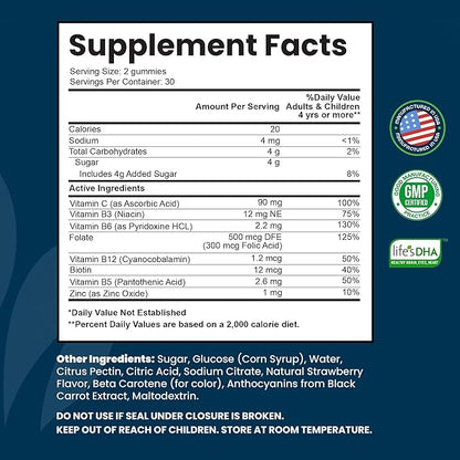 Vitamin B Complex Gummies for Adults, B Complex Vitamin Supplement for Women and Men, B Vitamins Complex Gummies for Energy and Brain Health, Natural Strawberry Flavor, 60 Count