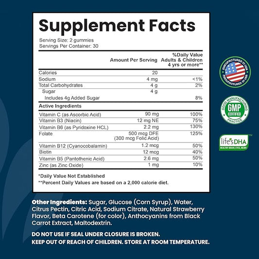 Vitamin B Complex Gummies for Adults, B Complex Vitamin Supplement for Women and Men, B Vitamins Complex Gummies for Energy and Brain Health, Natural Strawberry Flavor, 60 Count