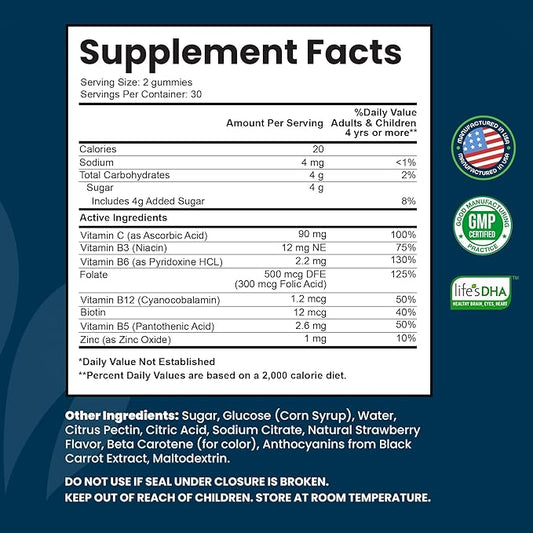 Vitamin B Complex Gummies for Adults, B Complex Vitamin Supplement for Women and Men, B Vitamins Complex Gummies for Energy and Brain Health, Natural Strawberry Flavor, 60 Count