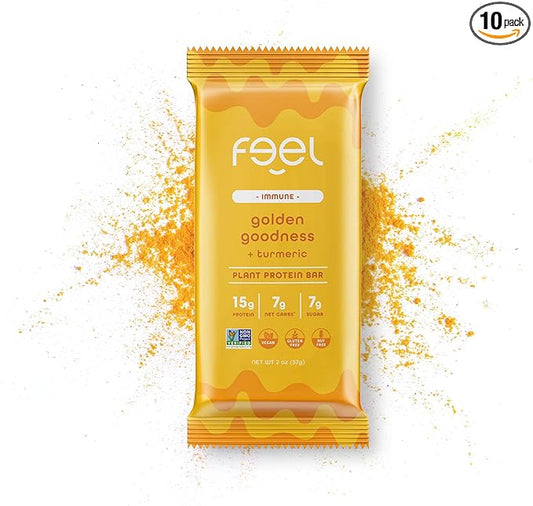 Feel Vegan Protein Bars | Golden Goodness | Keto | Gluten Free | Organic | Turmeric | 15g Plant Protein | Low Carb | High Protein | Dairy Free | Low Sugar | Grain Free | Nut Free | Soy Free | Non GMO - (Golden Goddess, 10 Pack)