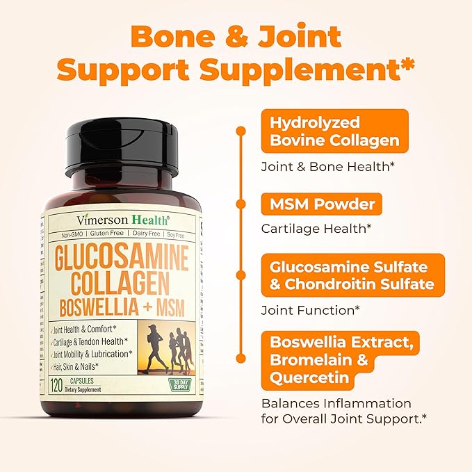 Glucosamine Chondroitin MSM with Collagen Powder. Joint Support Supplement. Bromelain, Quercetin, L-Methionine & Boswellia Extract capsules. Hair Skin and Nails Vitamins. FSA eligible. 2 Pack