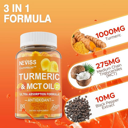 Turmeric Gummies 1000mg w/MCT Oil C8 C10, Organic Antioxidant, Sugar Free Turmeric Curcumin Supplement + Black Pepper Extract Support Flexible & Comfort, Digestion, Energy, Ultra Absorption, 60 Counts