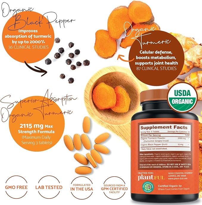 Organic Turmeric Supplement with Black Pepper 2115mg] Antioxidant 120 Tablets