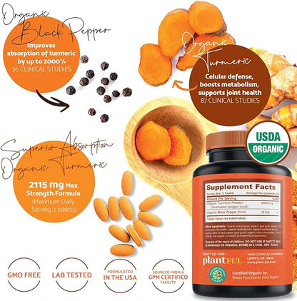 Organic Turmeric Supplement with Black Pepper 2115mg] Antioxidant 120 Tablets