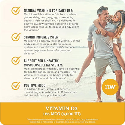NatureWise Vitamin D3 5000iu (125 mcg) Healthy Muscle Function, and Immune Support, Non-GMO, Gluten Free in Cold-Pressed Olive Oil, Packaging Vary ( Mini Softgel), 90 Count