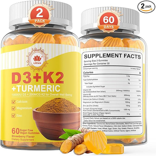 Vitamin D3 K2 Gummies & Turmeric for Women & Men, Vitamin D3 5000IU / 10000IU, K2 (MK-7) 200mcg Supplements with Turmeric 1200mg, Calcium, Magnesium, Zinc, Supports Bone, Teeth, Energy & Immune, 2PACK