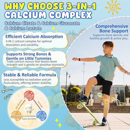Kids Calcium Gummies + D3 & Magnesium for 4+, with Calcium Citrate Calcium Gluconate, Calcium Lactate, Probioics & Prebiotics for Children Bone Growth, Muscle Support,Digestive Health,Sugar Free 60Cts