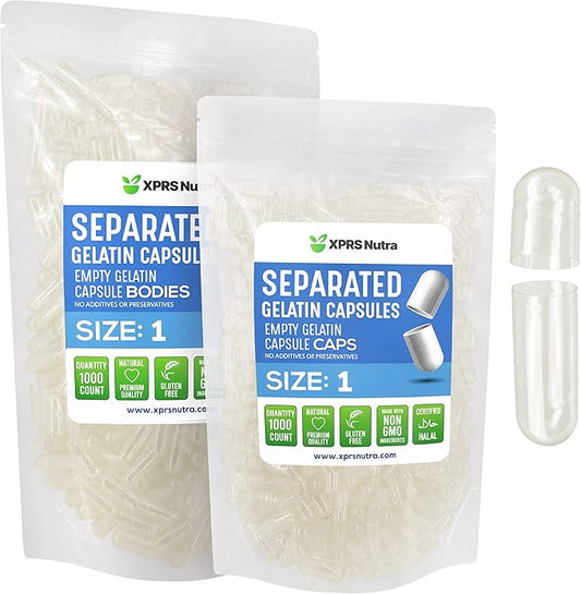 XPRS Nutra Size 1 Gelatin Separated Capsules - 1000 Count Empty Pill Capsules Separated in Bags - Clear Empty Capsules - Separated Empty Capsules - Pill Capsules Empty for DIY Supplement Filling