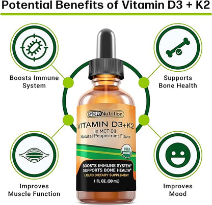 MAX Absorption, Vitamin D3 + K2 (MK-7) Liquid Drops with MCT Oil, Peppermint Flavor, Helps Support Strong Bones and Healthy Heart