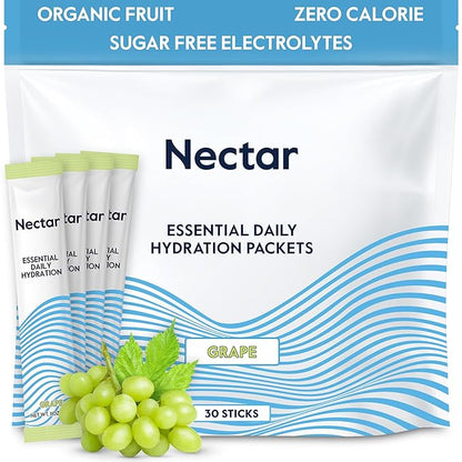 Nectar Hydration Packets - Electrolytes Powder Packets - Sugar Free & 0 Calorie - Organic Fruit Liquid Daily IV Hydrate Packets for Dehydration Relief & Rapid Rehydration (Grape 30 Pack)
