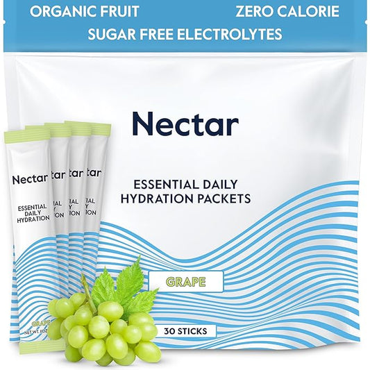 Nectar Hydration Packets - Electrolytes Powder Packets - Sugar Free & 0 Calorie - Organic Fruit Liquid Daily IV Hydrate Packets for Dehydration Relief & Rapid Rehydration (Grape 30 Pack)