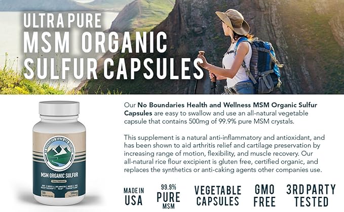 500mg MSM Organic Sulfur Capsules by 180 Vegetable 99.9% Pure