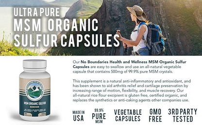 500mg MSM Organic Sulfur Capsules by 180 Vegetable 99.9% Pure