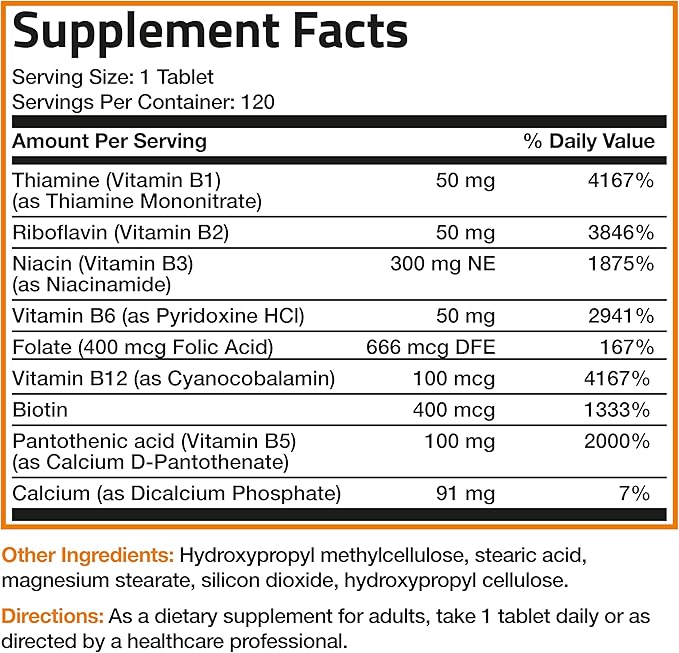 Bronson Super B Vitamin B Complex B1, B2, B2, B3, B3, B6, B6, B9 B9 - B12) Contains 120 Tablets