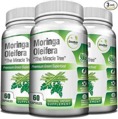 Pure Moringa Oleifera Leaf Extract Veggie Capsules 1000 mg. Natural Herbal Supplement. Energy, Mood, Memory and Focus Support. Premium Green Superfood (3 Bottles)