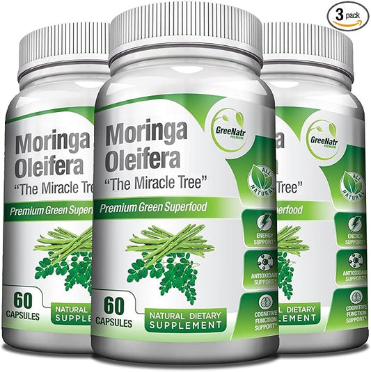 Pure Moringa Oleifera Leaf Extract Veggie Capsules 1000 mg. Natural Herbal Supplement. Energy, Mood, Memory and Focus Support. Premium Green Superfood (3 Bottles)
