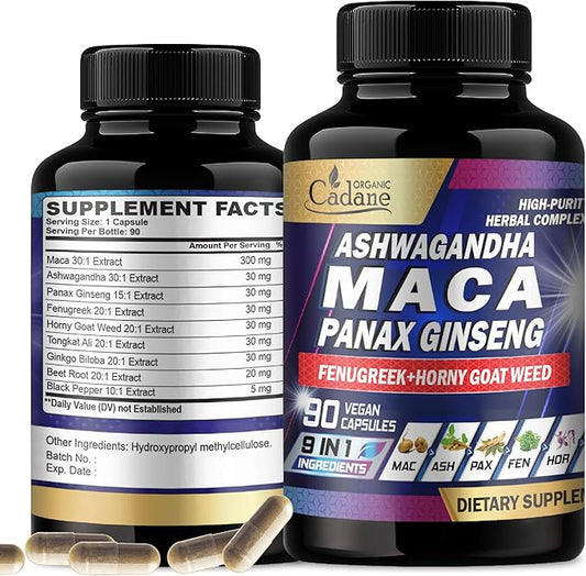 Organic Cadane Maca Root 9000mg Ashwagandha 900mg Panax 450mg Supplement 90 Capsules 3 Months