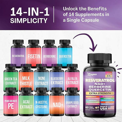 Resveratrol Supplement 12600mg NAD+ 100mg Milk 900mg Berberine 4000mg Fisetin 500mg Quercetin 800mg NAC 100mg Grape 400mg Green 400mg with (60 Caps)