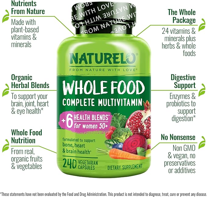NATURELO Whole Food Multivitamin for Women 50+ (Iron 50 - 240 Vegan