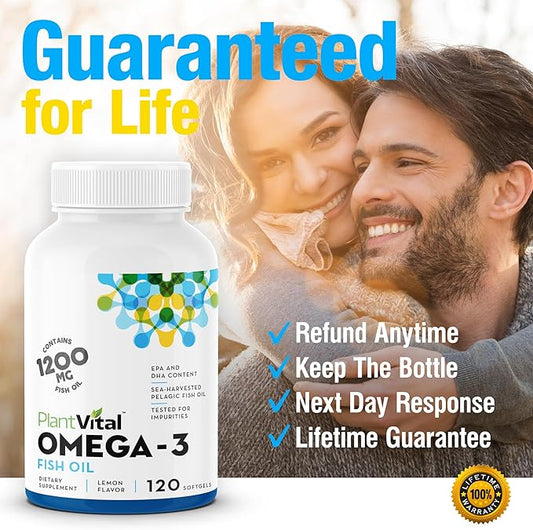 Plantvital Omega 3 Capsules- Pure Norwegian Omega 3 Fish Oil Supplements - Triple Strength- No Fish Flavor- Molecularly Distilled- Cognitive, Joint, Eye, Hair and Heart Health support-120 Capsules