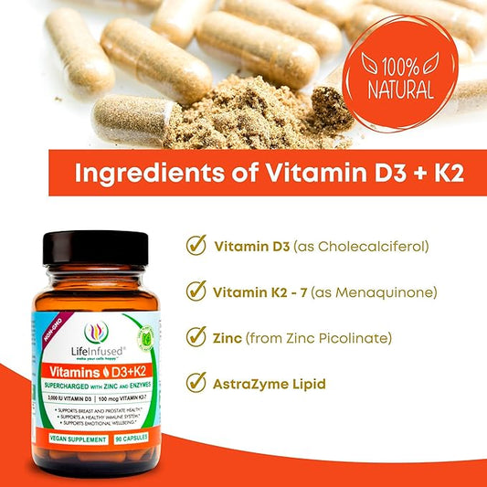 Life Infused Vitamin D3 + K2 Supercharged with Zinc and Enzymes, Help Maintain Healthy Immune System, Bone Health, Emotional Wellbeing, 90 Capsules.
