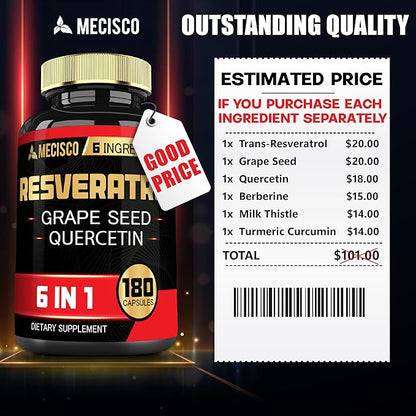 6in1 Trans Resveratrol Supplement with Grape 1000mg Organic 180 Capsules