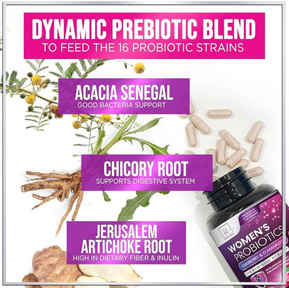 Probiotics for Women 60 Billion CFU, 16 Strains for pH Balance, Vaginal & Digestive Support, Womens Probiotic and Prebiotic + Cranberry for Gut, Urinary & Immune Support, Shelf Stable - 120 Capsules