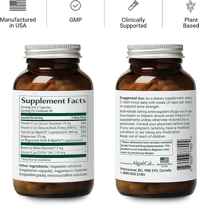 ALGAECAL Plus - Organic Red Algae K2 MK7 MK7 (100mg), (100mg), Vitamin D3 (1600 (1600 IU), (250mg) & 3 Month