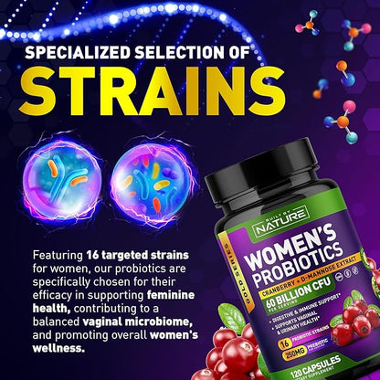Probiotics for Women - 60 Billion CFUs, 16 Strains, with Cranberry, D-Mannose & Prebiotics - Supports Digestive, Immune, & Vaginal Health - Non-GMO, Dairy & Gluten-Free - 120 Veggie Capsules